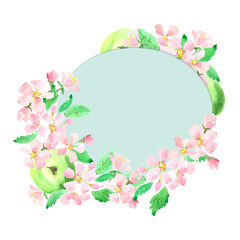 Obraz na płótnie Canvas Apple blossom with apple card for congratulations. Vector watercolor