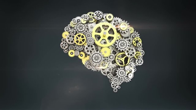 Steel golden gears making human brain shape. human artificial intelligence.