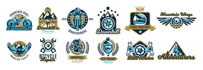 Set of logos on the mountain bike and downhill. Helmet, sunglasses, camera, eagle, fly, wings, parts, rider, landscape, crown, repair, spare parts, maintenance, service, business. Vector illustration.