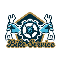 Logo bike service. A bicycle sprocket and hand holding a wrench on the sides. Repair, Tune mountain bike. Vector illustration. Flat style