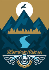Vector illustration on the theme of extreme sport and mountain biking. Landscape, forest, fresh air. The invitation to the event. Mount, eagle, feathers, angel, wheel.