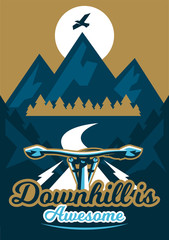 Vector illustration on the theme of extreme sport and mountain biking. Landscape, forest, fresh air. The invitation to the event. First-person view. A trip out of town, forest, mountains, path, road.