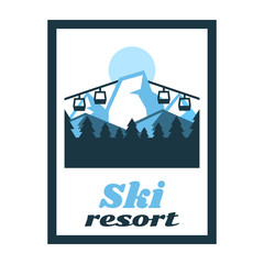 Logo Ski Resort. Label, stamp. Winter landscape, snow mountains, lift up the mountain, photography, wood. Sports lifestyle. Vector illustration