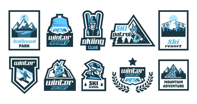 Set logos, stickers, posters on the theme of skiing, winter holidays, extreme sports, snowboard. Isolated objects on the background. Mountain, forest, river, eagle, sun, skier, glasses, jacket, hat.