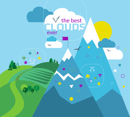  Flat line design banner, cloud vector illustration concept for