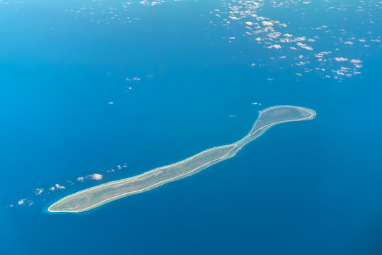 Aerial view of the Agalega Islands, two islands in the Indian Ocean, governed by Mauritius