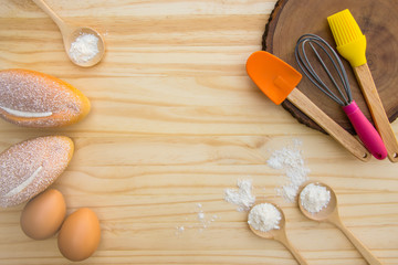 Tools and Ingredients for baking, top view