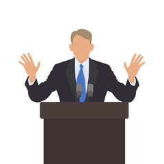 Man speaker at the podium helpless gesture. The gesture of doubt and confusion. Male policies. Vector