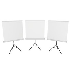 Blank Roll Up Expo Banner Stands Group on Tripod. Trade show booth white and blank. 3d render illustration isolated on white background. Template mockup for your expo design.