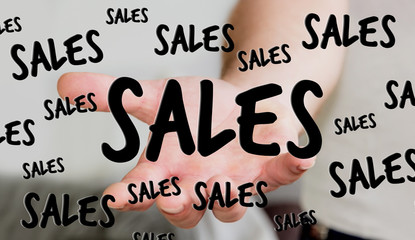 Businessman holding sales icons in his hand 3D rendering