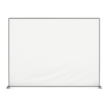 Billet press wall with blank banner. Mobile trade show booth white and blank. 3d render isolated on white background. High Resolution Template for your design.