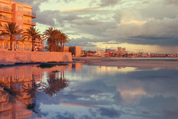 Sunset with reflections in Can Pastilla, Mallorca, Spain