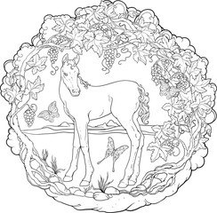 Filly in a garden with butterflies