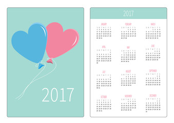 Pocket calendar 2017 year. Week starts Sunday. Flat design Vertical orientation Template. Blue and pink balloons in shape of heart. Valentines Day love card.