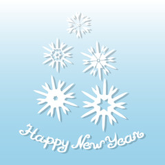 Happy New Year. Greeting card with white snowflakes on a blue background