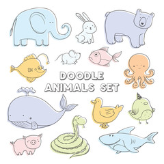 Cute pastel color vector cartoon doodle animals. Lovely sketch collection.