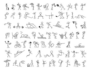 Cartoon icons set of sketch stick figures in cute miniature scenes.
