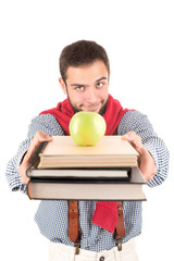 Nerd posing with books and apple