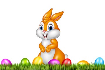 Easter bunny with decorated Easter eggs in a field