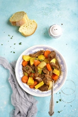 Beef stew with vegetables and thyme.Top view.