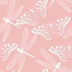 Dragonflies and butterflies seamless background