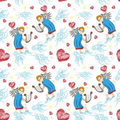 seamless pattern, Cupid with a harp in the clouds