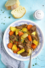 Beef stew with vegetables and thyme.Top view.