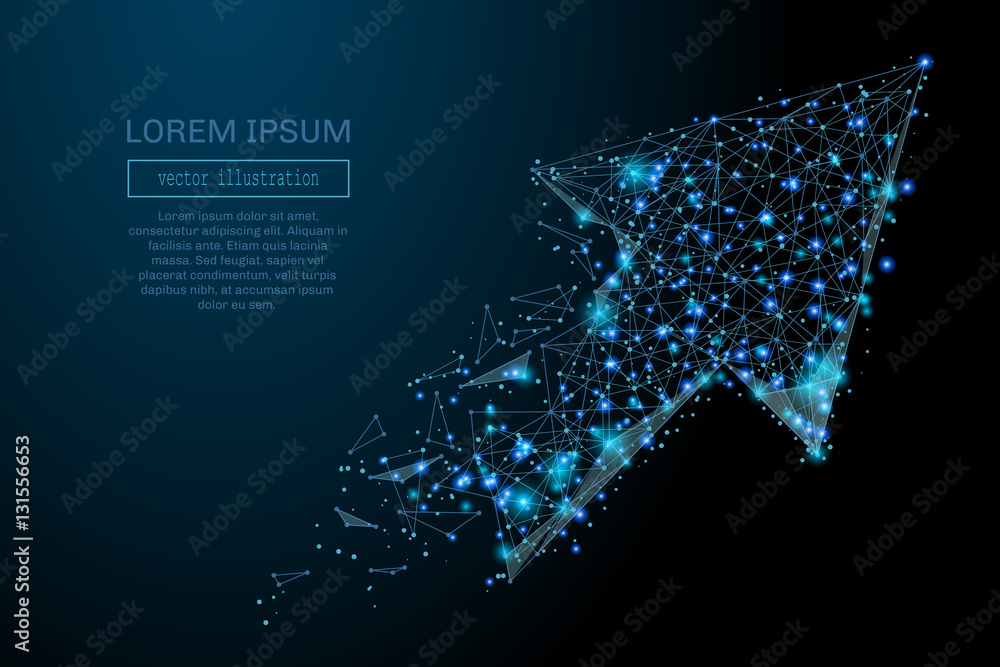 Poster Abstract image of a arrow in the form of a starry sky or space, consisting of points, lines, and shapes in the form of planets, stars and the universe. Business arrow vector wireframe concept