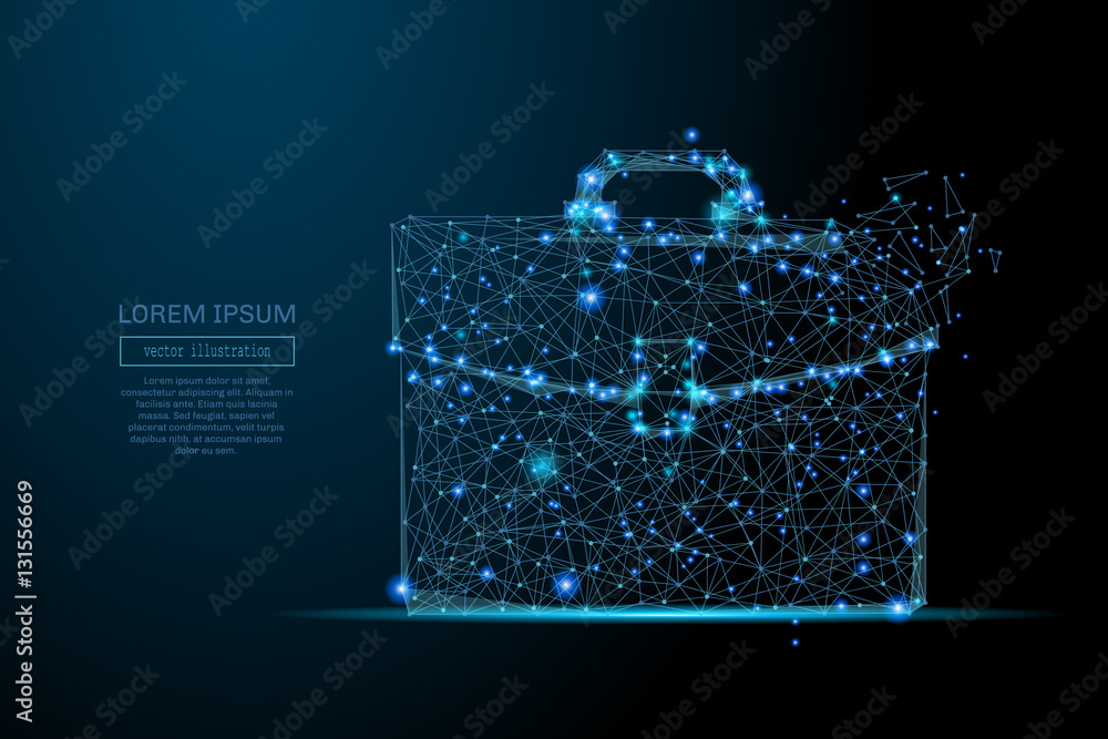 Aufkleber Abstract image of a briefcase in the form of a starry sky or space, consisting of points, lines, and shapes in the form of planets, stars and the universe. Business portfolio vector wireframe concept