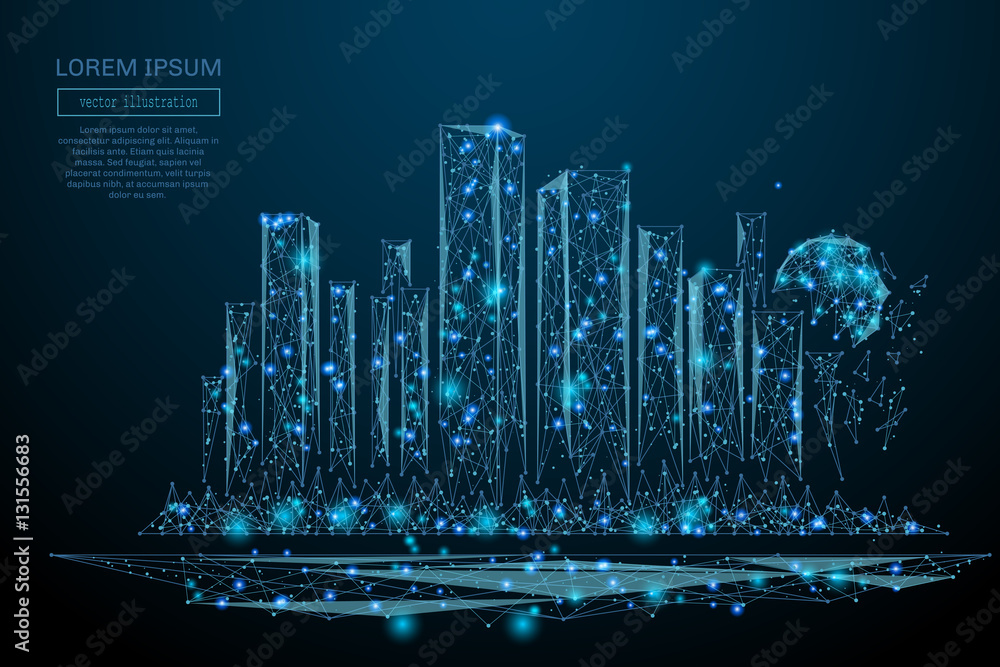 Aufkleber Abstract image of a Megalopolis in the form of a starry sky or space, consisting of points, lines, and shapes in the form of planets, stars and the universe. Big city vector wireframe concept