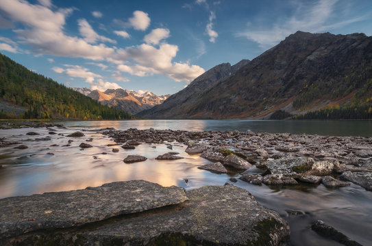 Rocky Lake Surrounded With Mountains Under Blue Sky, Altai Mountains Highland Nature Autumn Landscape Photo