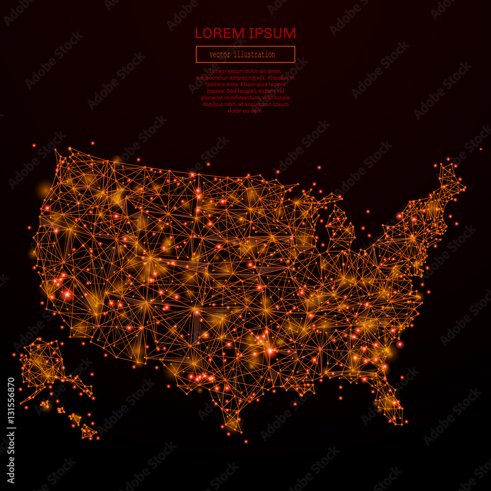 Poster abstract mash line and point usa map in flames style on dark background with an inscription. map of 