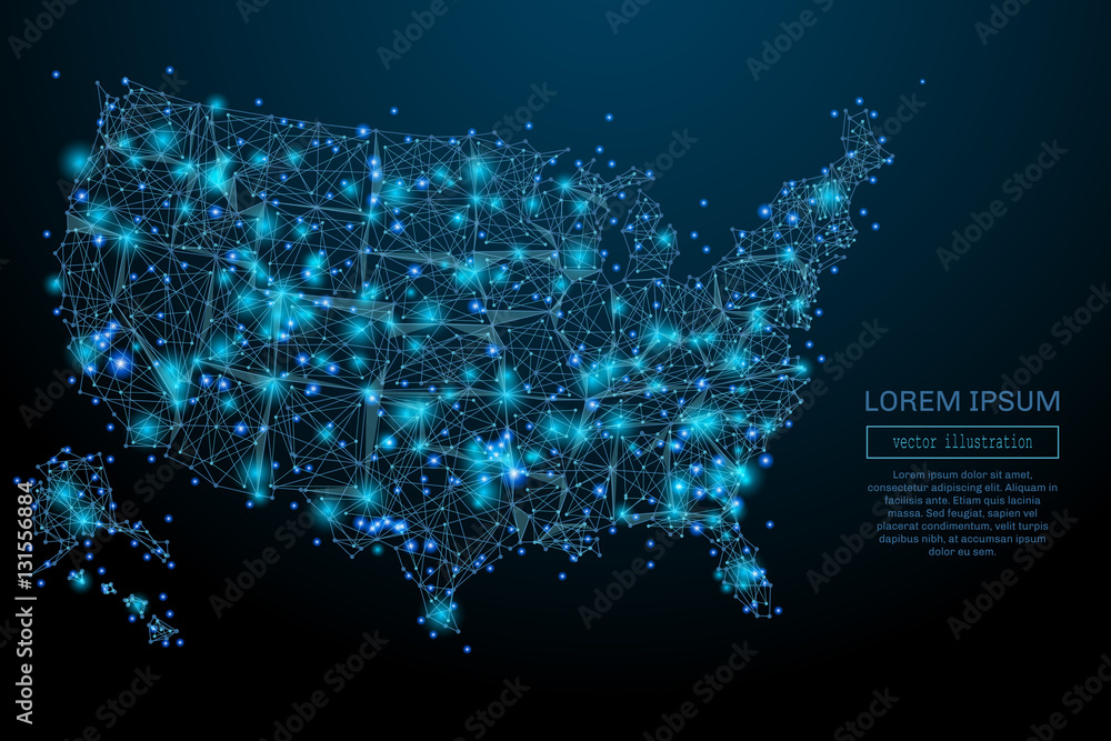 Poster Abstract image of a USA map in the form of a starry sky or space, consisting of points, lines, and shapes in the form of planets, stars and the universe. USA map vector wireframe concept