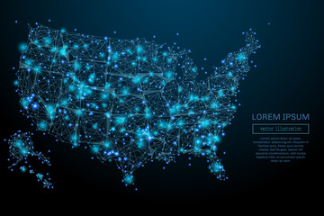 Abstract image of a USA map in the form of a starry sky or space, consisting of points, lines, and shapes in the form of planets, stars and the universe. USA map vector wireframe concept