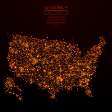 Abstract mash line and point USA map in flames style on dark background with an inscription. Map of a starry sky or space, consisting of stars and the universe. Vector illustration.