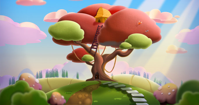 Tree House on The Hill. Video Game's Digital CG Artwork, Concept Illustration, Realistic Cartoon Style Background
