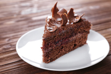 Delicious chocolate cake on plate