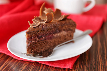 Delicious chocolate cake on plate