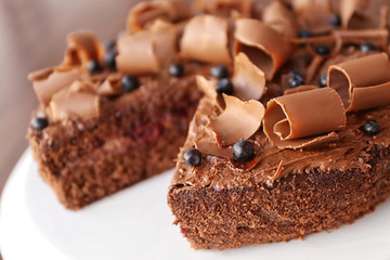 Delicious chocolate cake with blueberry, closeup