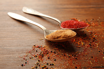 Spices in spoons on a wooden background