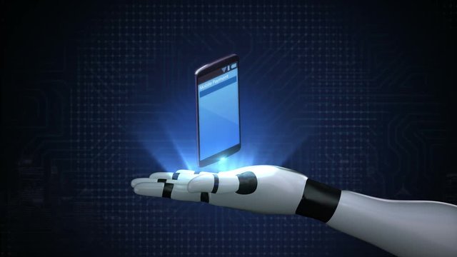 Robot cyborg arm, credit card insert a smartphone, Internet,online payments.mobile purchase.