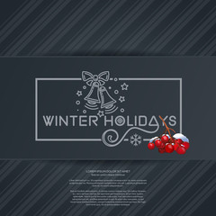 Merry Christmas lettering card with jingle bells and bunch of rowan. Winter holidays. Vector illustration