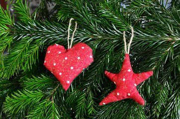 Handmade red star and heart  /  Handmade red star and heart by my wife for the Christmas tree.
