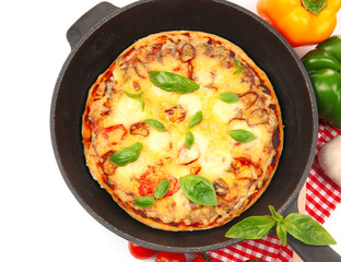 Freshly baked pizza in a pan on white background