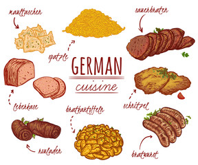 German cuisine. Collection of delicious food. Isolated elements. Concept design for decoration restaurants, menu. Vintage hand drawn vector illustration