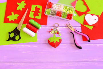 Handmade keychain for handbag or backpack. Strawberry keychain made of felt and beads. Craft tools...