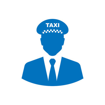 Icono plano silueta taxista azul en fondo blanco