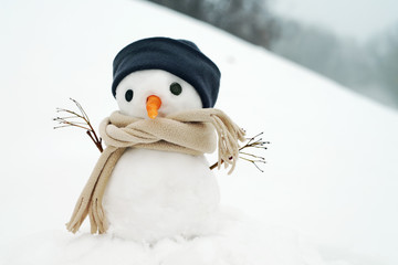 Small snowman in a cap and a scarf on snow in the winter. Festive background with a lovely snowman....