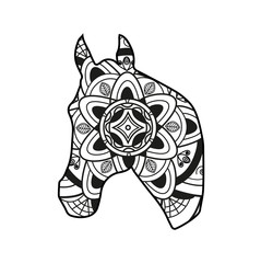 Vector illustration of a black and white horse head mandala for coloring, testa di cavallo mandala in bianco e nero vettoriale da colorare