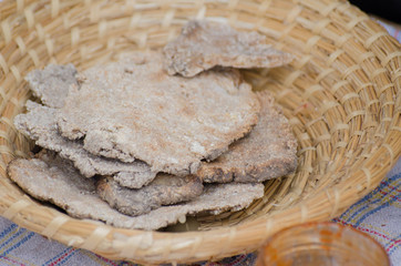 Rye tortillas on the wicker plate